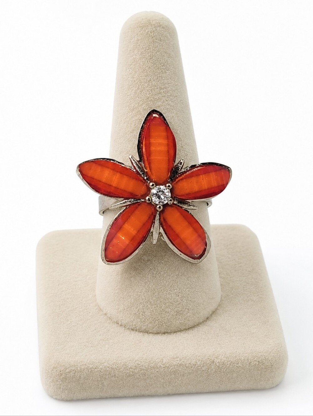 Adjustable Silver Tone Orange Flower Statement Ring Size 6 to 7
